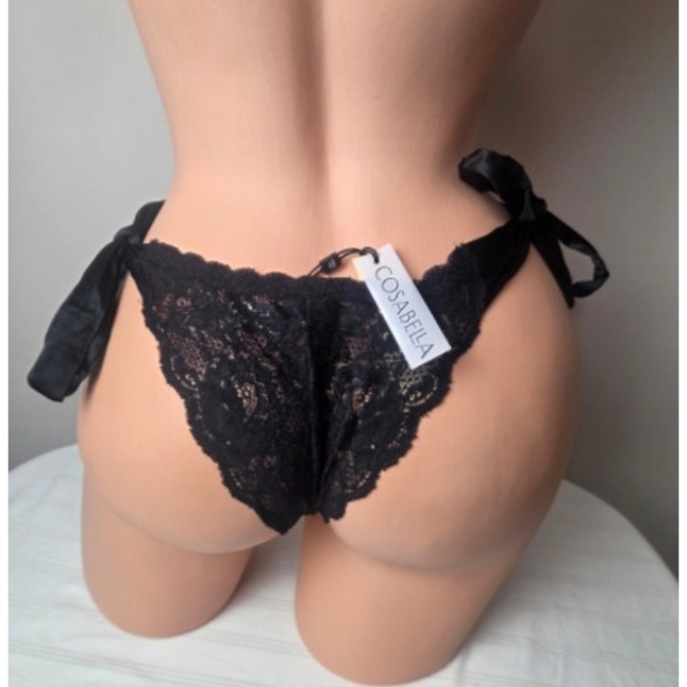 Cosabella Brazilian Thong Black Floral Lace Panty Adjustable Satin Ties S/M